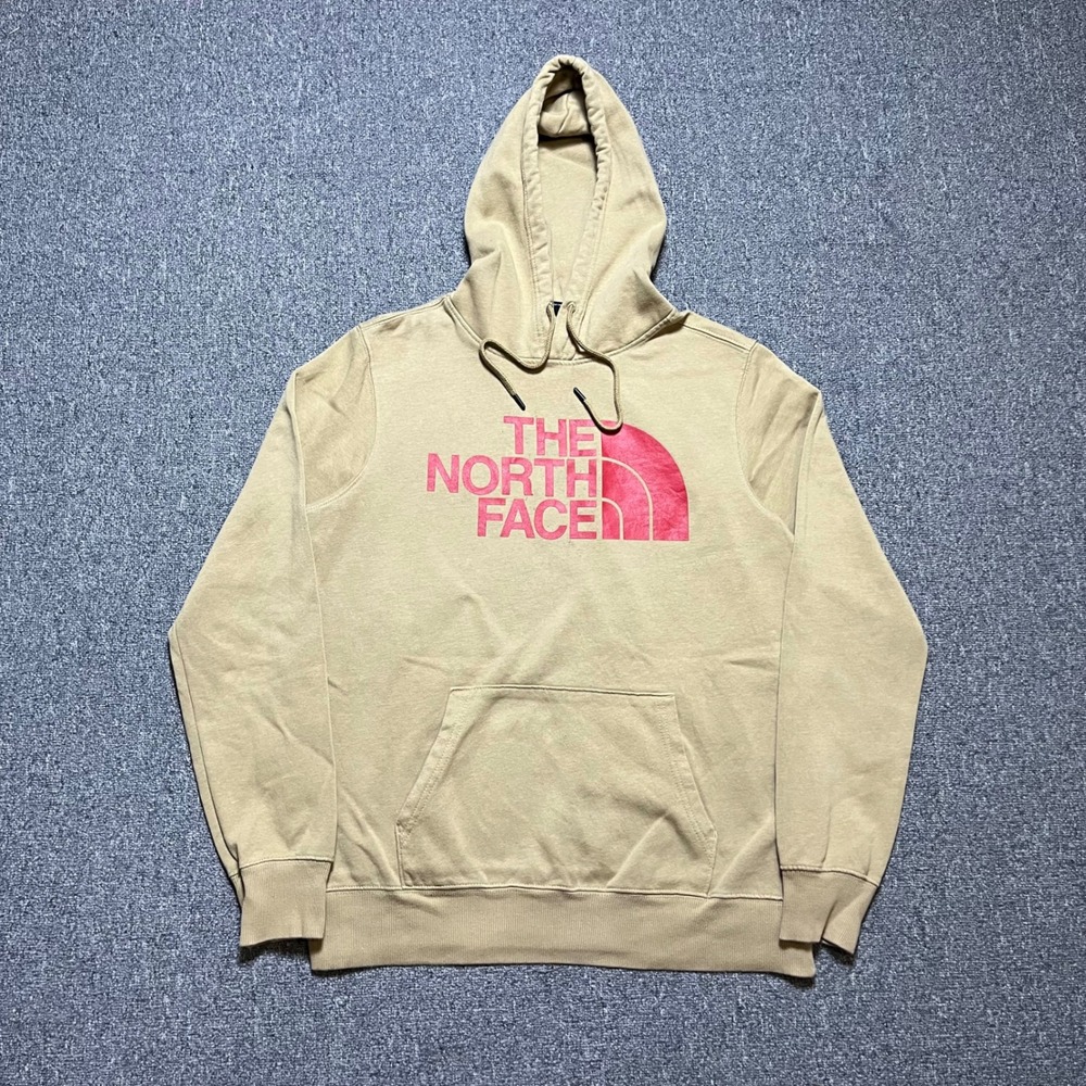 The North Face Hoodie Size Medium Tan Red Logo Pullover Sweatshirt Mens